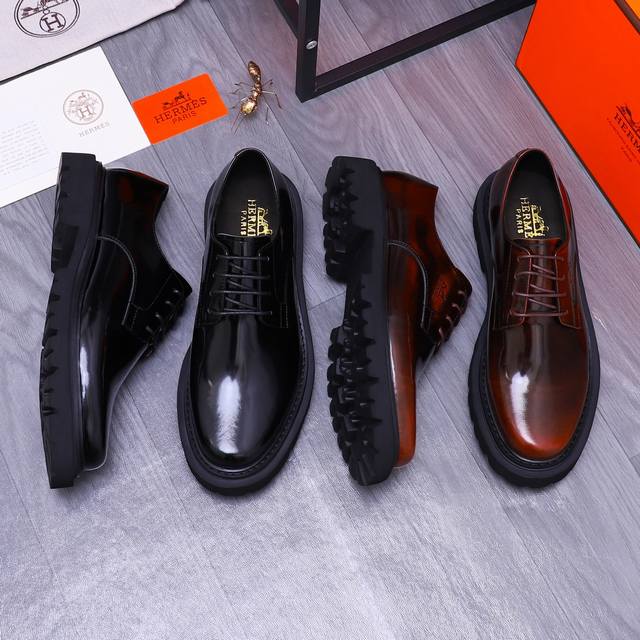 商品商标：Hermes 爱马仕 商务正装皮鞋 正码码数: 38-45 商品材料：精选珠光牛皮鞋面 牛皮内里 原版大底