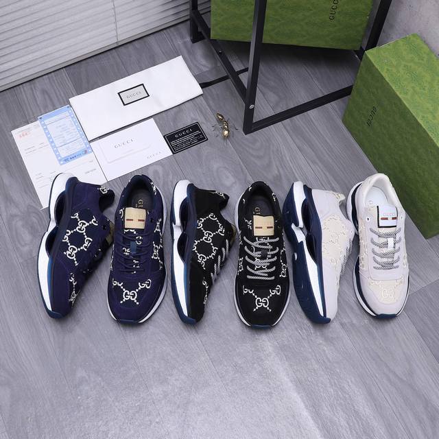 商品商标：Gucci 古驰 休闲鞋 正码码数: 38-44 商品材料：精选牛皮拼接电绣网鞋面 牛皮鞋垫 网布内里 橡胶大底