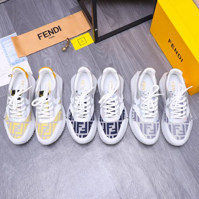 商品商标：Fendi 芬迪 休闲鞋 正码码数: 38-44 商品材料：精选 牛皮拼接印花透气鞋面 牛皮鞋垫 网布内里 橡胶大底