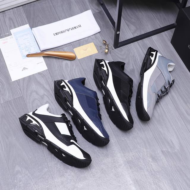 商品商标：Armani 阿玛尼 休闲鞋 正码码数: 38-45 商品材料：精选牛皮拼接鞋面 牛皮鞋垫 透气网内里 橡胶大底
