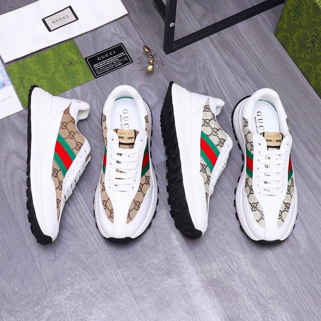 商品商标：Gucci 古驰 休闲鞋 正码码数: 38-44 商品材料：精选牛皮拼接鞋面 牛皮鞋垫 透气网内里 橡胶大底