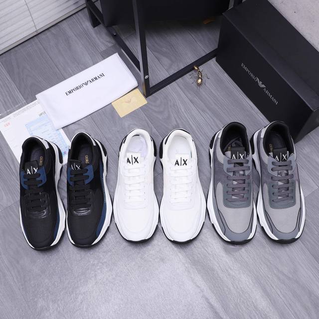 商品商标：Armani 阿玛尼 休闲鞋 正码码数: 38-45 商品材料：精选牛皮拼接透气网鞋面 皮鞋垫 网内里 橡胶大底