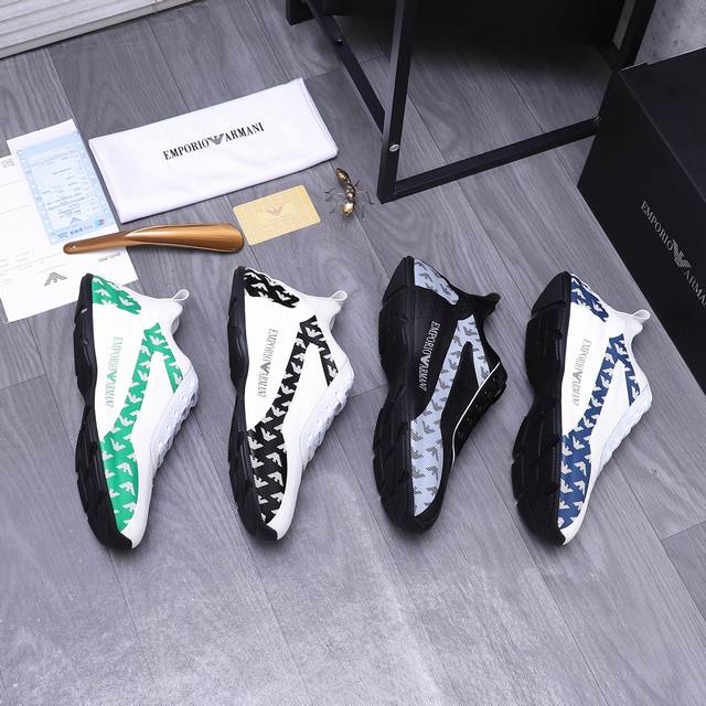 商品商标：Armani 阿玛尼 休闲鞋 正码码数: 38-44 商品材料：精选牛皮拼接透气网鞋面 网内里 内增高橡胶大底