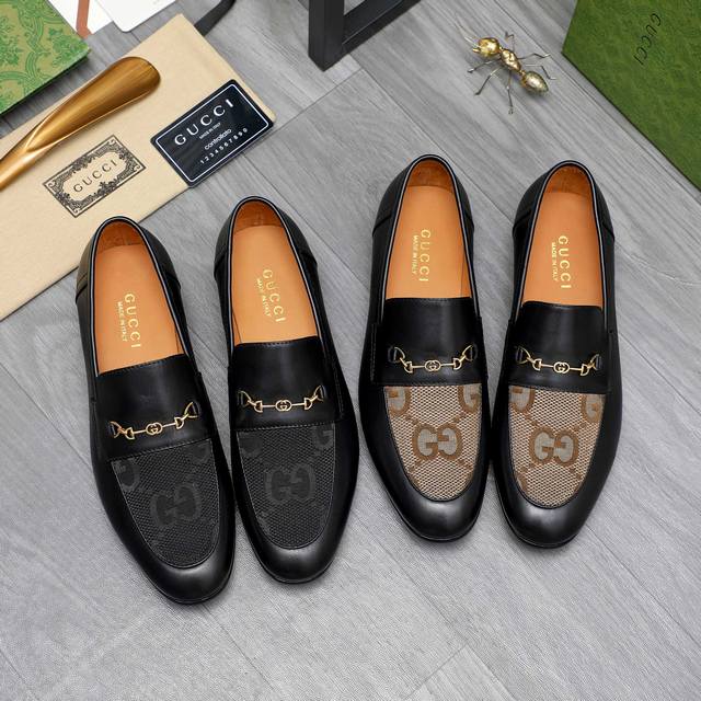 商品商标：Gucci 古驰 皮鞋 正码码数: 39-44 38.45 46要订做 不退换 商品材料：精选进口牛皮拼接鞋面 牛皮内里 原版大底