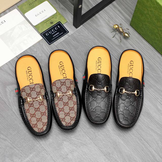 商品商标：Gucci 古驰 半拖 拖鞋 正码码数: 38-45 商品材料：精选透气织布配漆面牛皮 猪皮内里 橡胶大底