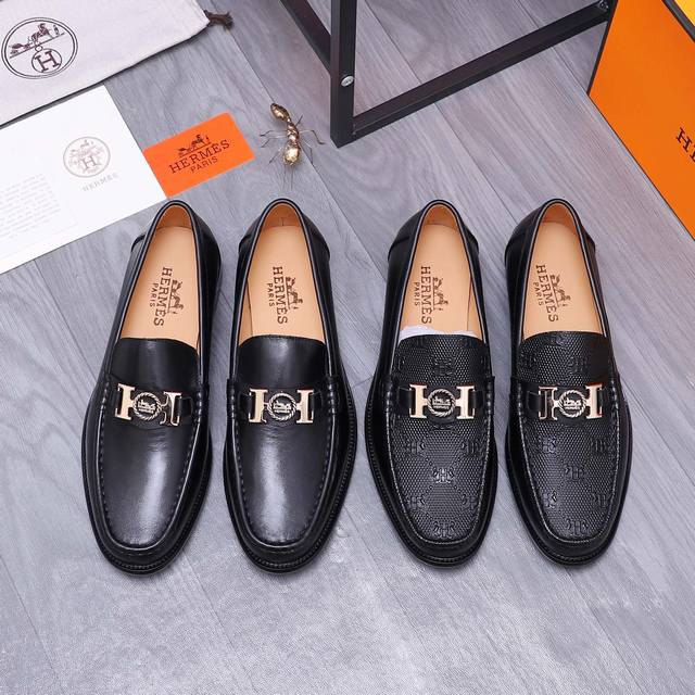 商品商标：Hermes 爱马仕 高务休闲皮鞋 正码码数: 38-44 45订做不退换 商品材料：精选牛皮压纹鞋面 牛皮内里 原版大底