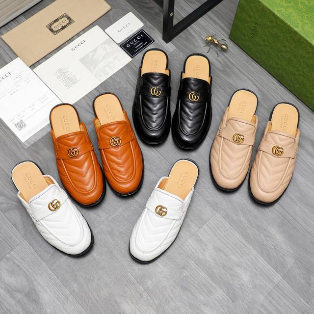 商品商标：Gucci 古驰 半拖 拖鞋 正码码数: 39-44 38.45可订做 商品材料：精选优质牛皮鞋面 牛皮内里 原版大底