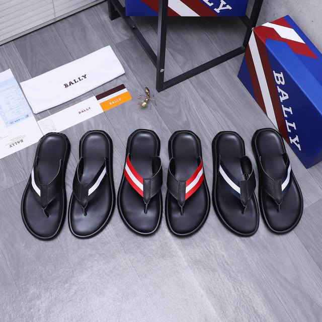 商品商标：Bally 巴莉 人字拖鞋 正码码数: 38-44 45.46可订做 商品材料：精选织带配牛皮鞋面，脚背牛皮里 橡胶大底