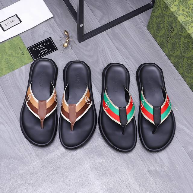 商品商标：Gucci 古驰 人字拖鞋 正码码数: 38-44 45.46可订做 商品材料：精选织带鞋面 脚背牛皮里 橡胶大底
