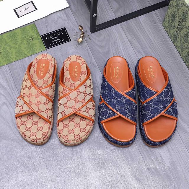 商品商标：Gucci 古驰 厚底拖鞋 正码码数: 35－44 情侣款 商品材料：精选原版透气牛仔织布鞋面 脚背牛皮里 原版大底