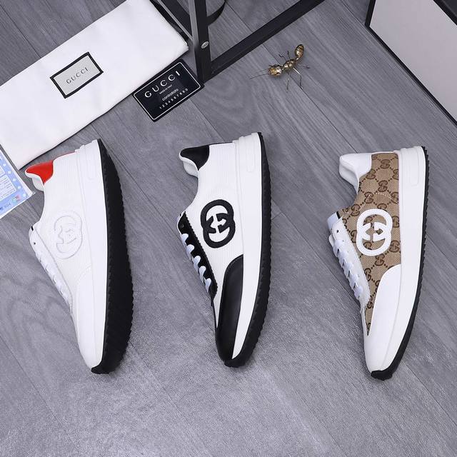 商品商标：Gucci 古驰 休闲鞋 正码码数: 38-44 商品材料：精选牛皮拼接织布鞋面 网内里 橡胶大底