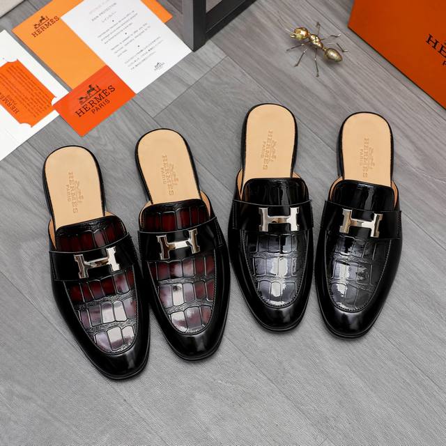 商品商标：Hermes 爱玛仕 半拖 拖鞋 正码码数: 38-44 45定做不退换 商品材料：精选 优质石头纹牛皮鞋面 牛皮内里 原版大底