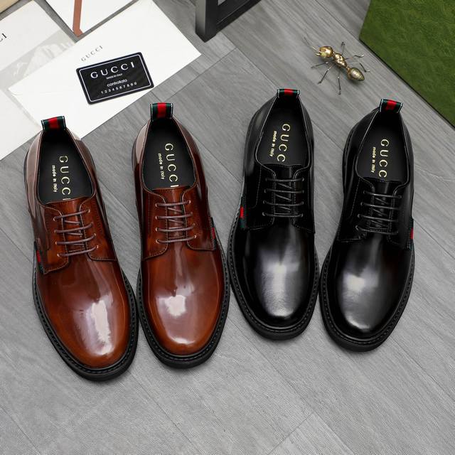 商品商标：Gucci 古驰 商务休闲皮鞋 正码码数: 38-45 商品材料：精选优质珠光牛皮鞋面 牛皮内里 原版大底
