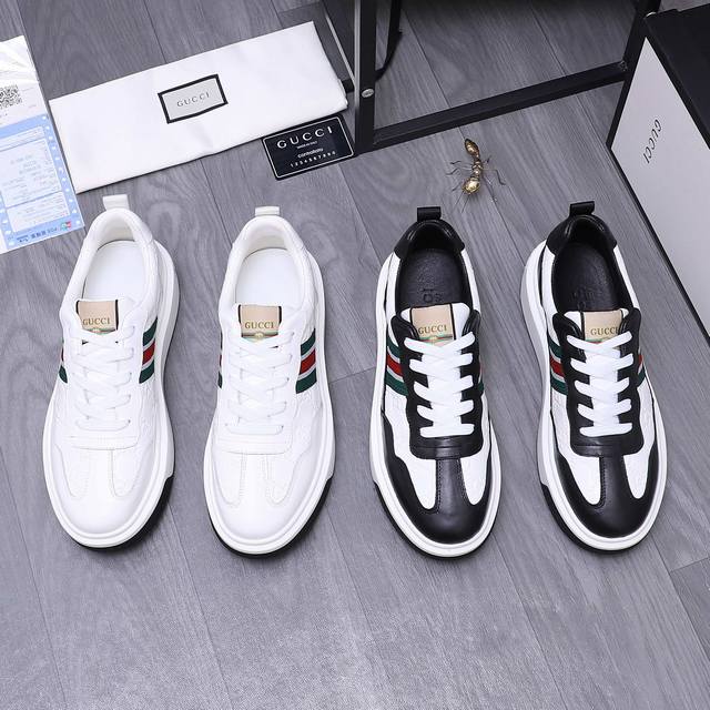 商品商标：Gucci 古驰 休闲鞋 正码码数: 38-44 商品材料：精选牛皮拼接压纹牛皮鞋面 羊皮内里 橡胶大底