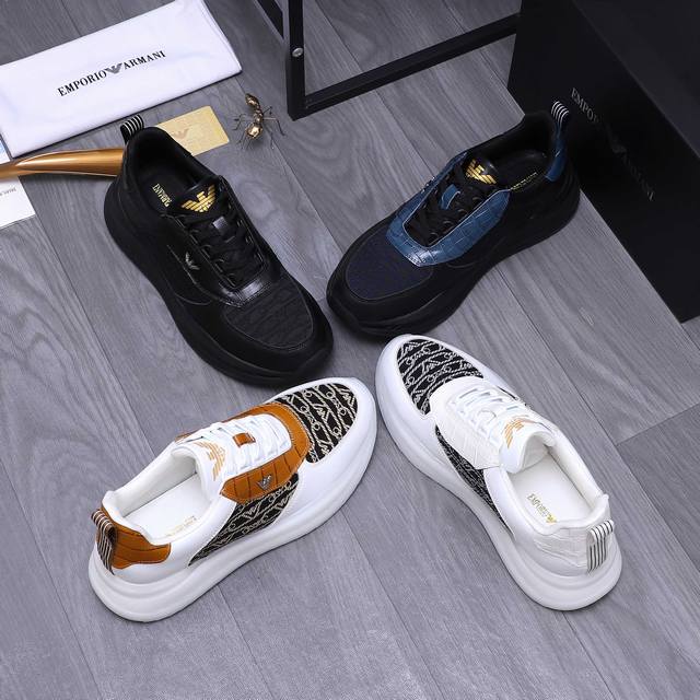 商品商标：Armani 阿玛尼 休闲鞋 正码码数: 38-44 45.46定做不退换 商品材料：精选牛皮拼接织布鞋面 网内里 牛皮鞋垫 橡胶大底