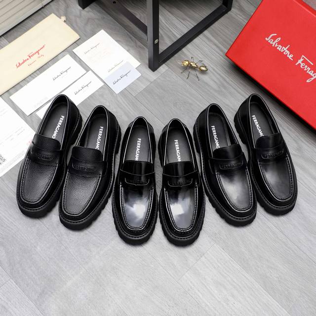 商品商标：Ferragamo 菲拉格慕 ] 正装商务套脚皮鞋 正码码数: 38-44 45定做不退换 商品材料：精选 优质荔纹牛皮鞋面 牛皮内里 原版大底
