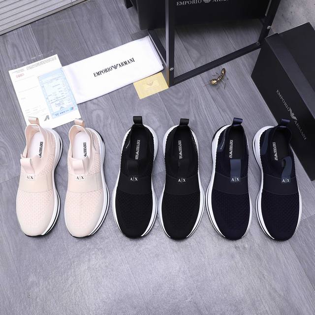 商品商标：Armani 阿玛尼 透气休闲鞋 正码码数: 38-44 商品材料：精选进口飞织透气鞋面 牛皮鞋垫 橡胶大底