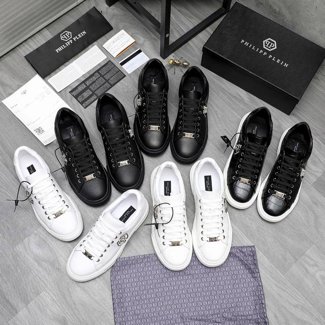 商品商标：Philipp Plein 菲利普-普莱茵 休闲鞋 正码码数: 39-45 38订做不退換 商品材料：精选荔纹牛皮鞋面 金属Logo装饰 皮内里 橡胶