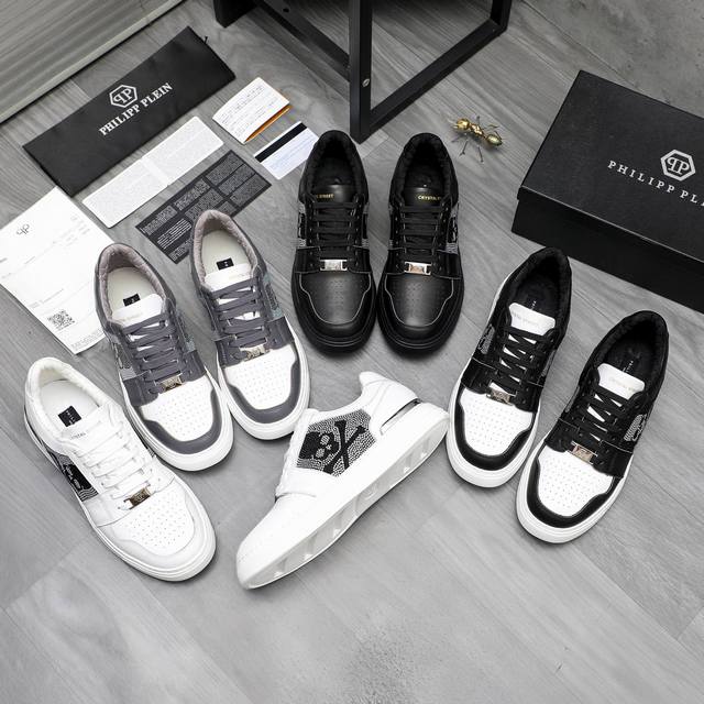 商品商标：Philipp Plein 菲利普-普莱茵 休闲鞋 正码码数: 39-45 38订做不退換 商品材料：精选 牛皮拼接烫钻鞋面 空气棉内里 橡胶大底