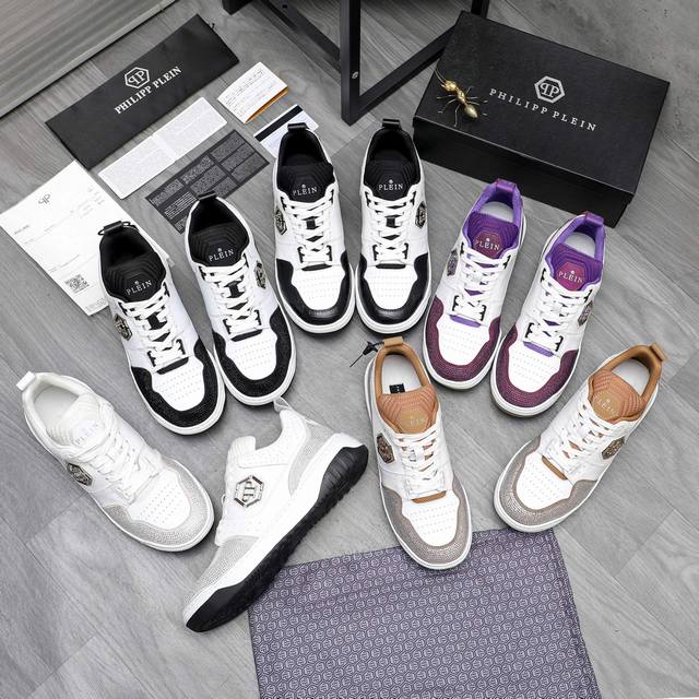 商品商标：Philipp Plein 菲利普-普莱茵 休闲鞋 正码码数: 39-45 38订做不退換 商品材料：精选 牛皮拼接鞋面 烫钻装饰 网内里 橡胶大底