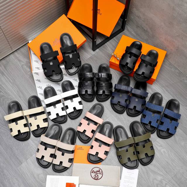 商品商标：Hermes 爱玛仕 情侣款拖鞋 正码码数: 36-46 商品材料：精选优质牛皮鞋面 超纤内里 原版大底
