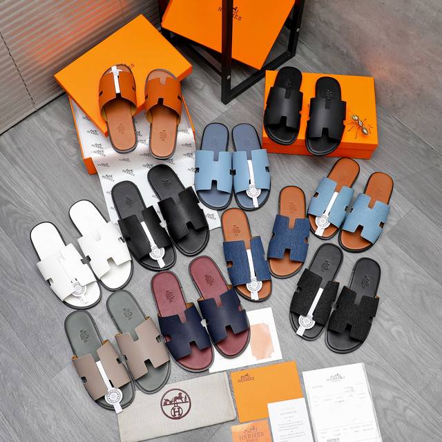 商品商标：Hermes 爱玛仕 拖鞋 正码码数: 38-46 商品材料：牛仔透气鞋面 超纤内里 原版大底