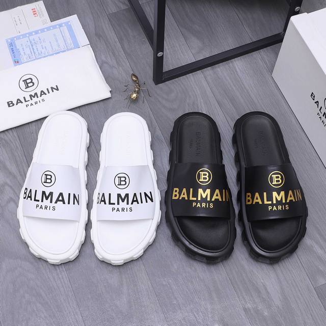 商品商标： Balmain 拖鞋 正码码数: 38-45 商品材料：精选 牛皮印花鞋面 脚背皮里 原版大底