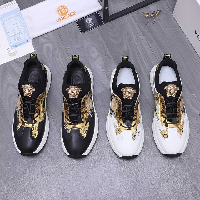 商品商标：Versace 范思哲 休闲鞋 正码码数: 38-44 商品材料：精选牛皮拼接透气印花鞋面 弹力布内里 牛皮鞋墊 橡胶大底