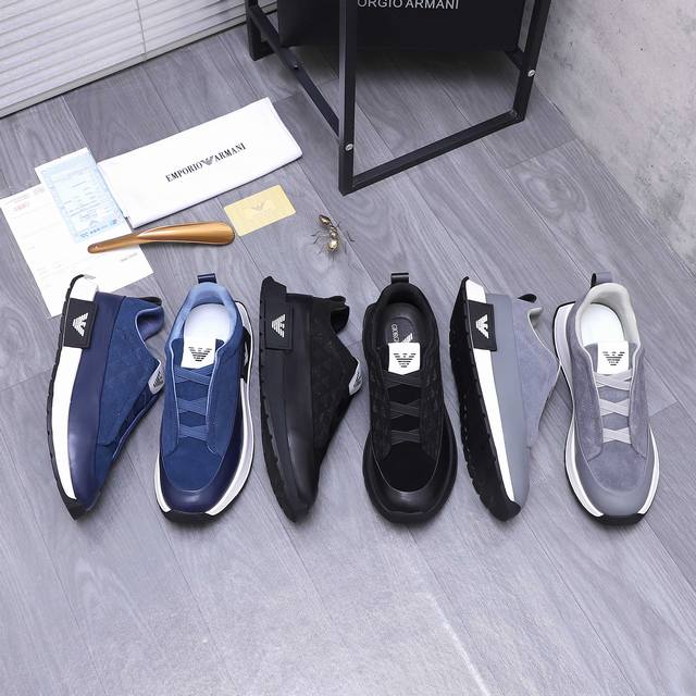 商品商标：Armani 阿玛尼 休闲鞋 正码码数: 38-44 商品材料：精选牛皮拼接磨砂压纹鞋面 网内里 牛皮鞋垫 橡胶大底