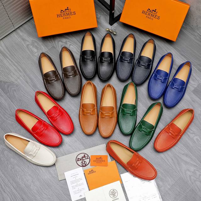 商品商标：Hermes 爱玛仕 休闲套脚鞋 正码码数: 38-44 商品材料：精选荔纹牛皮鞋面 猪皮内里 橡胶大底