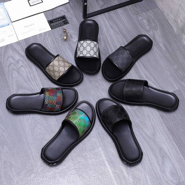 商品商标：Gucci 古驰 拖鞋 正码码数: 38-44 45.46定做不退换 商品材料：精选压纹牛皮鞋面 脚背仿皮里 原版大底