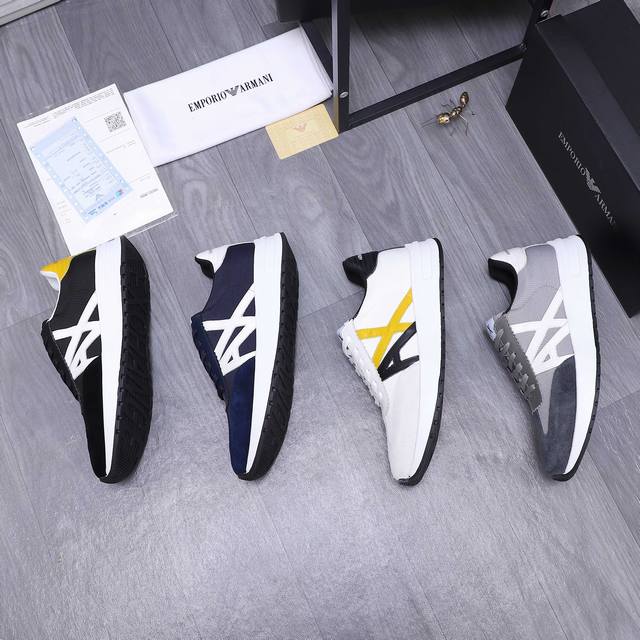 商品商标：Armani 阿玛尼 休闲鞋 正码码数: 39-44 45订做不退換 商品材料：精选牛皮拼接网面 网内里 牛皮鞋垫 橡胶大底