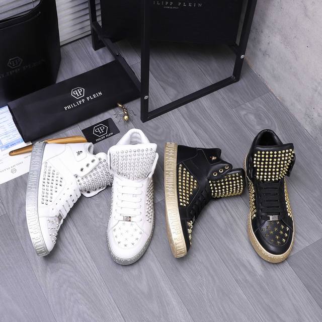 商品商标：Philipp Plein 菲利普-普莱茵 高帮休闲鞋 正码码数: 38-44 45定做不退换 商品材料：精选 卯钉牛皮鞋面 牛皮内里 原版大底
