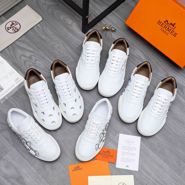 商品商标：Hermes 爱玛仕 休闲系带板鞋 正码码数: 38-44 45订做不退换 商品材料：精选 3D打印牛皮鞋面 牛皮内里 原版大底