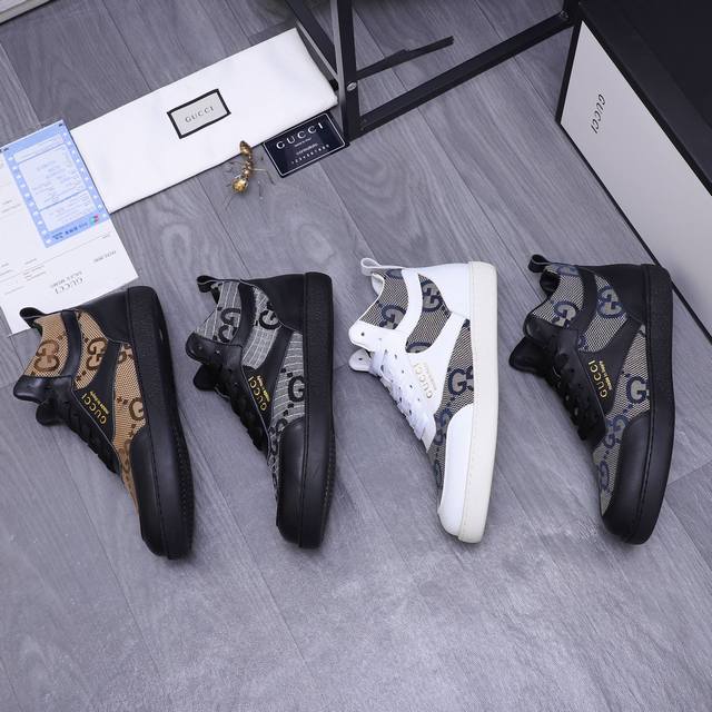 商品商标：Gucci 古驰 高帮休闲鞋 正码码数: 38-44 商品材料：精选牛皮拼接透气织布鞋面 羊皮内里 原版大底