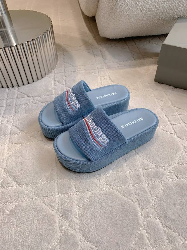 出厂价P Balenciag*经典款厚底拖鞋 经典百搭单品 鞋面羊皮 牛仔布 内里羊皮 原版开模防滑大底 尺码35-39 40 41 42定做