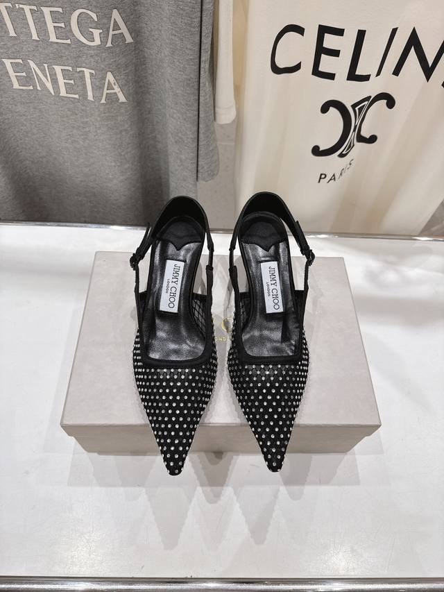 高版本出厂 Jimmy Choo*｜Jc 吉米周2025Ss新款简约尖头网钻高跟鞋凉鞋 原版套楦，完美的线条，简约大气上脚显气质粗跟舒适百搭，还能拉长双腿显高显