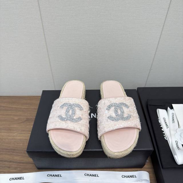 Chanel 25春夏款 渔夫拖 鞋 原版去定制材质 正品工艺 手工折边后缝合 纯手工串线 原版注胶半透明牛筋原色麻底 Size：35 41 34-42可定做