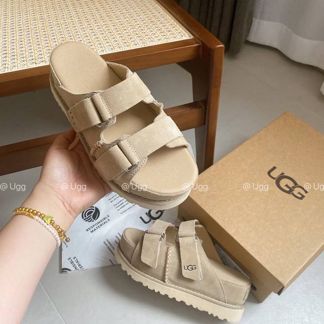 沙色 实拍 细节 Ugg夏季新款女士休闲舒适纯色厚底露趾可调式束带凉拖鞋 官网款 全真皮手工 三色现货 码数：35-40 厂价P：
