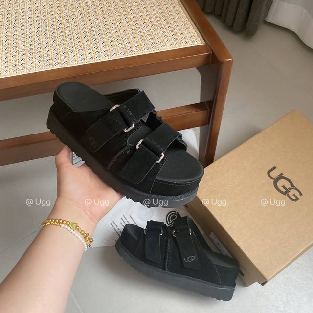 黑色 实拍 细节 Ugg夏季新款女士休闲舒适纯色厚底露趾可调式束带凉拖鞋 官网款 全真皮手工 三色现货 码数：35-40 厂价P：