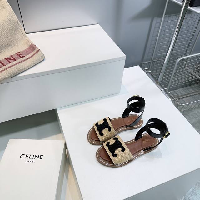 高品质出厂 ！Celin*2025春夏最新复古草编织鞋面罗马凉鞋！平底凉鞋 各大网红同款的凯旋门凉鞋经典又百搭 种草推荐夏天搭配袜子 简直绝绝子了复古的点上带上