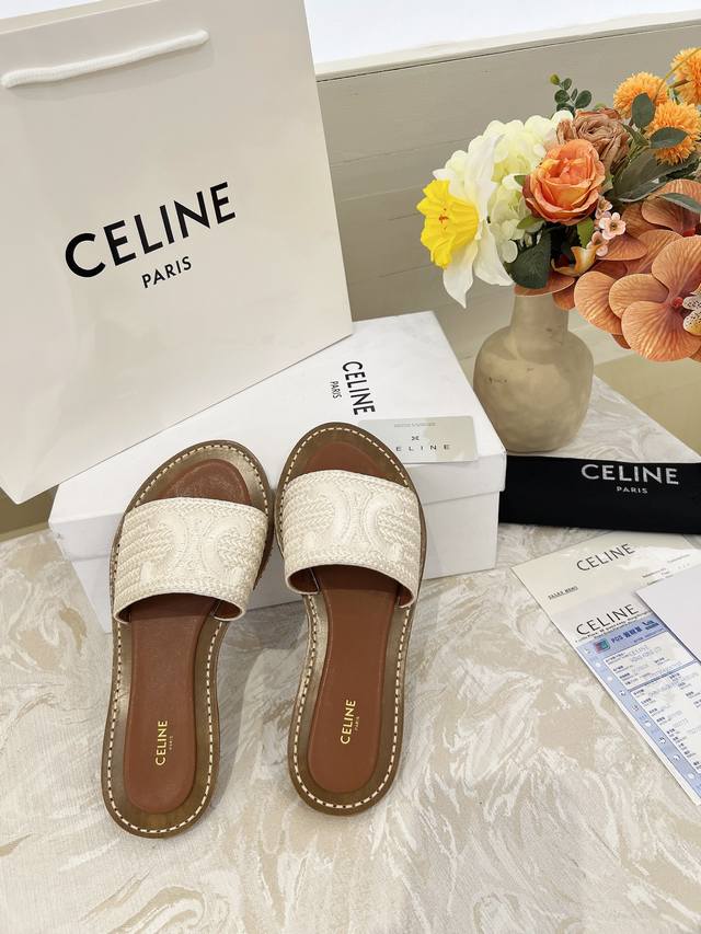 Celine 赛琳2025新款 刺绣 凯旋门Logo平底凉鞋，生胶组合真皮底35-41出厂