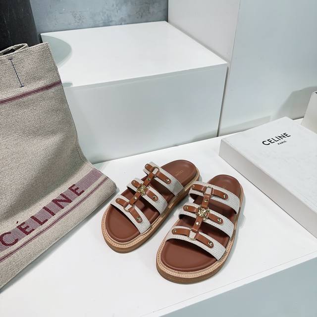 高品质出厂 ！顶级品质Celine 赛琳25春夏季新款休闲罗马五金圆扣复古拖鞋 这一季的赛琳又让我重新爱了它一次 这季节美鞋太多！这款凉拖真是无敌好搭配！厚底系