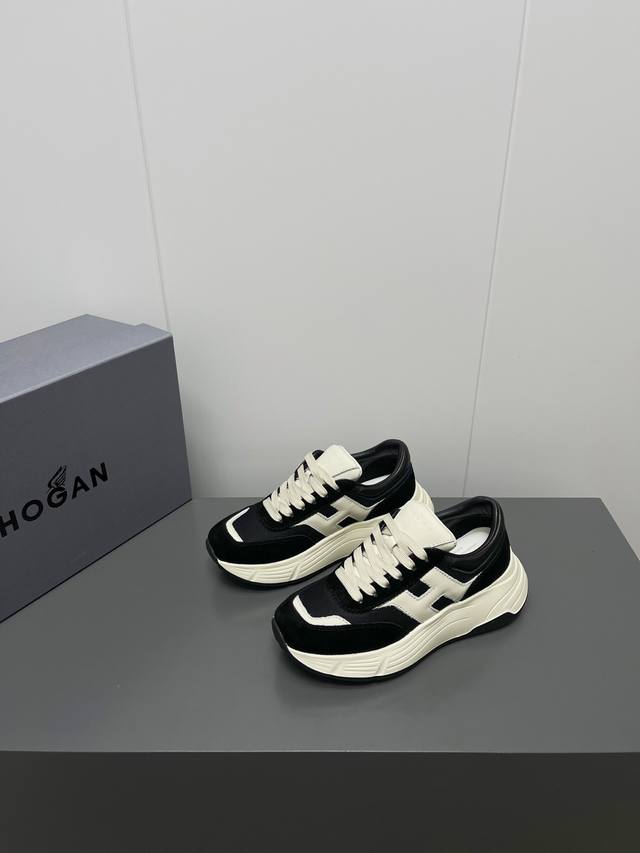 男10 Hogan 2025春夏最新运动鞋情侣厚底老爹鞋爆款休闲系列 松糕厚底休闲鞋 流行 H拼色工艺~休闲运动鞋履精湛手工设计融入军装元素，兼职实用与个性造型