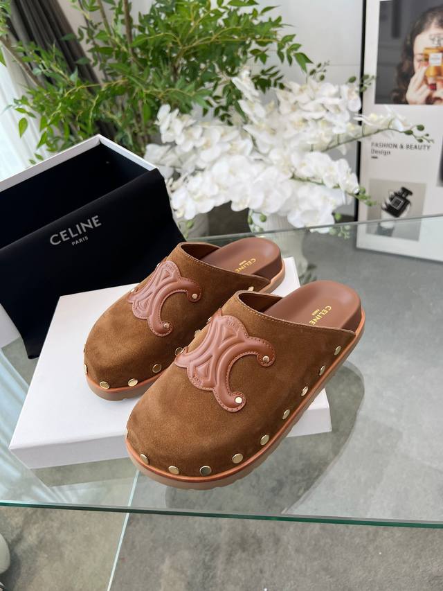 Celine 春夏季新款凯旋门勃肯包头拖鞋 复古风勃肯鞋简约时尚，铆钉硬质风格与凯旋门经典搭配 牛反绒 编织牛皮里铆钉真皮沿条+原版大底 35 40正码 配套包