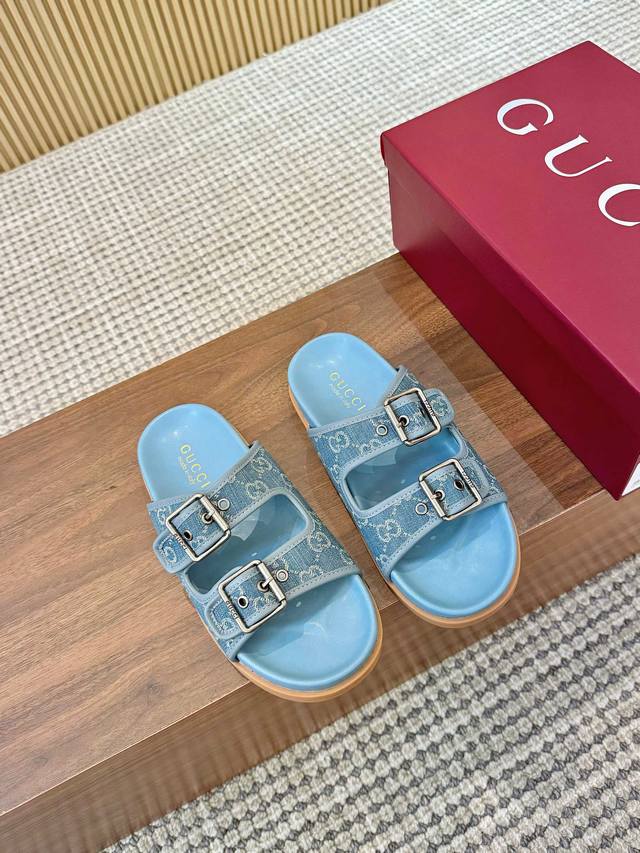 出厂 、福利新品厚底Gucci古驰25夏季新款么术贴刺绣大G横带穆勒鞋沙滩鞋 官网同步，原版一比一复制，最高版本所有材质细节均与Yb一致 常年做货。 面料：进口