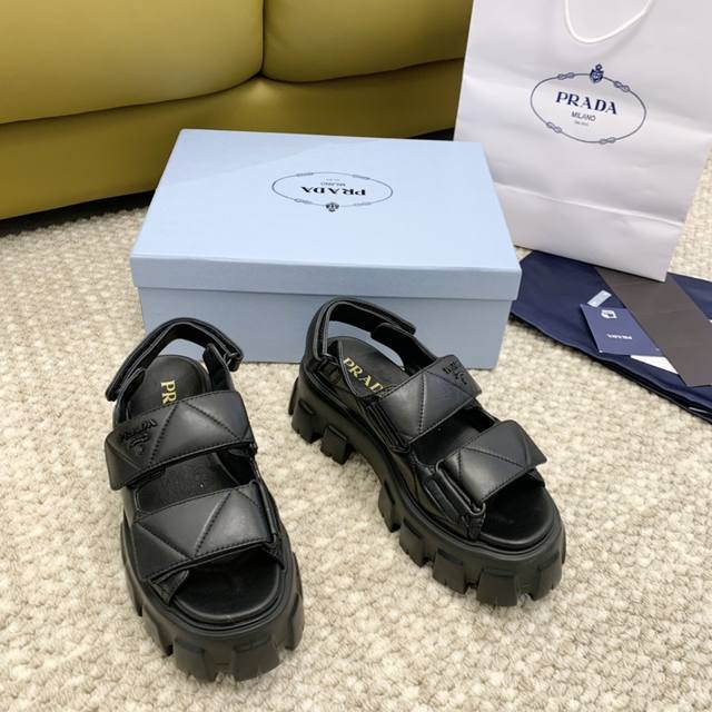 Prada 普拉达 P家24年新款齿轮厚底松糕凉鞋 字母扣魔术贴凉鞋 正码:35-39订做40.41