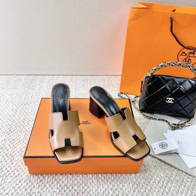 Hermes 爱马仕 H家 Helia 60系列 工字H粗跟凉拖鞋 鞋面:牛皮 大底:真皮底 跟高:6.5Cm 正码:35-39订做40.41