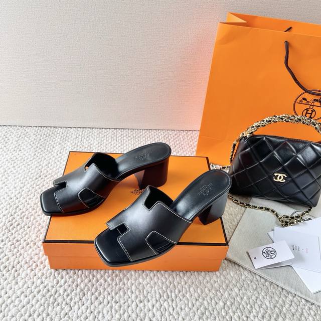 Hermes 爱马仕 H家 Helia 60系列 工字H粗跟凉拖鞋 鞋面:牛皮 大底:真皮底 跟高:6.5Cm 正码:35-39订做40.41