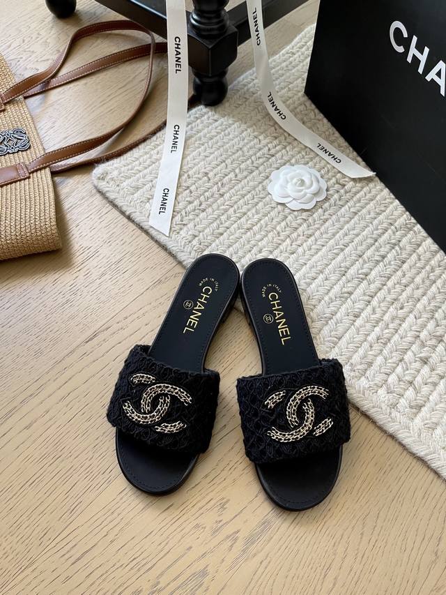 Chanel 25K夏季编织拖鞋系列！ 顶级版本！抢先发售 要高货的看过来 跟高平底 5Cm 鞋面针织 羊皮 垫脚羊皮 真皮大底 码数：34-41 34 40